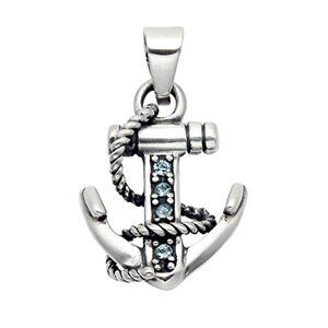 Sterling Silver Anchor Pendant w/Faceted Aqua Crystal Stones, Nautical, Unisex